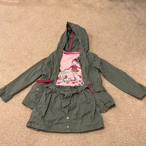 Little girl’s green size 5/6 outfit with skirt, cute top, and jacket set
